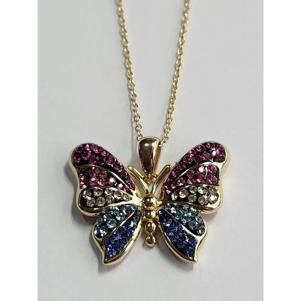 18K Gold Plated Sterling Silver Butterfly Pendant Necklace w/ Pink Blue Crystals